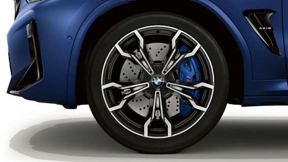 21 inch lichtmetalen M wielen in V-spaak styling 765 M BMW X3 M Competition F97 LCI facelift BMW X3 M Competition F97 LCI facelift Frozen Marina Bay Blau metallic 21 inch lichtmetalen M wielen in V-spaak styling 765 M close-up