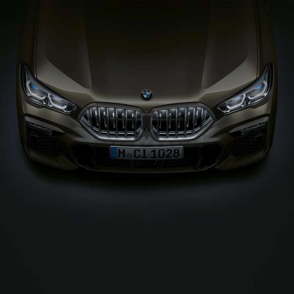 BMW X6 voorzijde Close-up van BMW X6 voorzijde met BMW nierengrille ‘Iconic Glow’ bovenaanzicht
