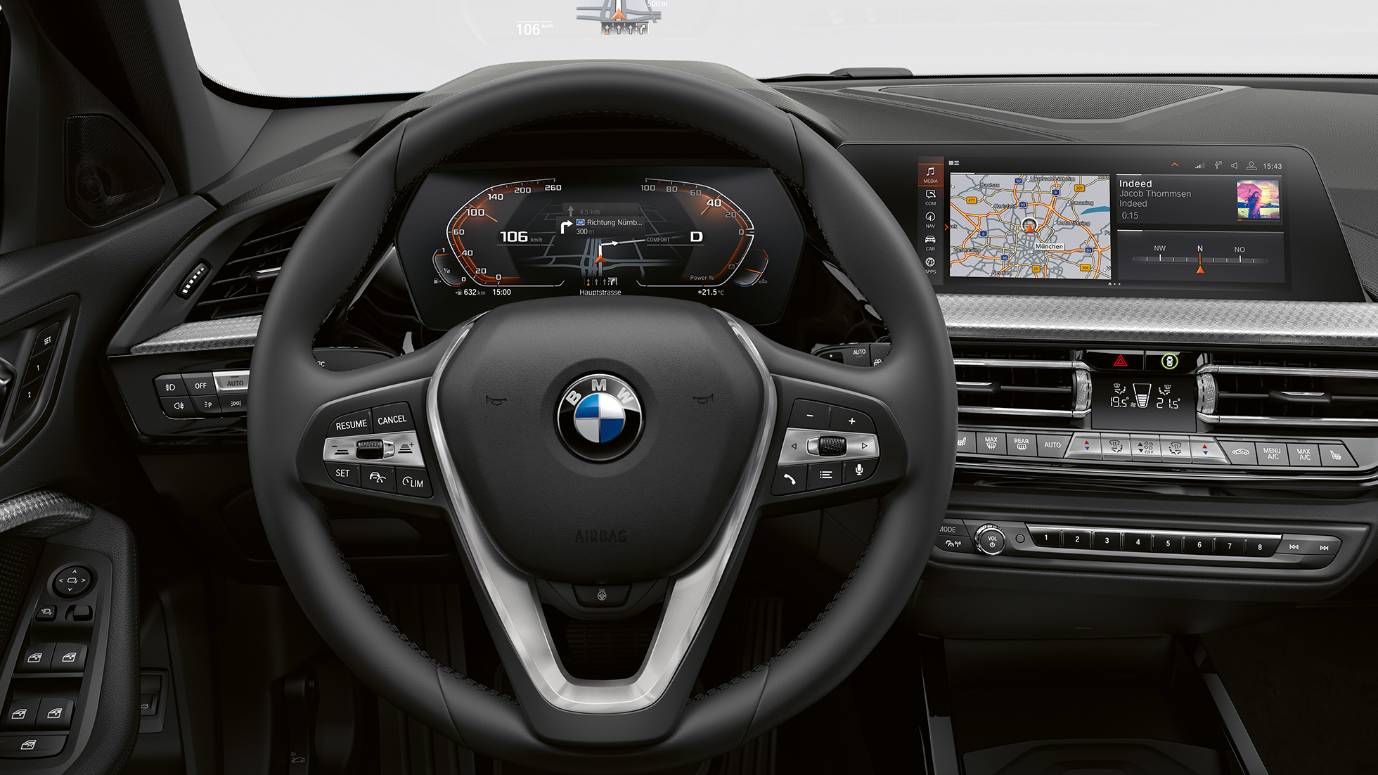 Met leder bekleed sportstuurwiel. BMW 1 Serie model Luxury Line, cockpit met het met leder bekleed sportstuurwiel.
