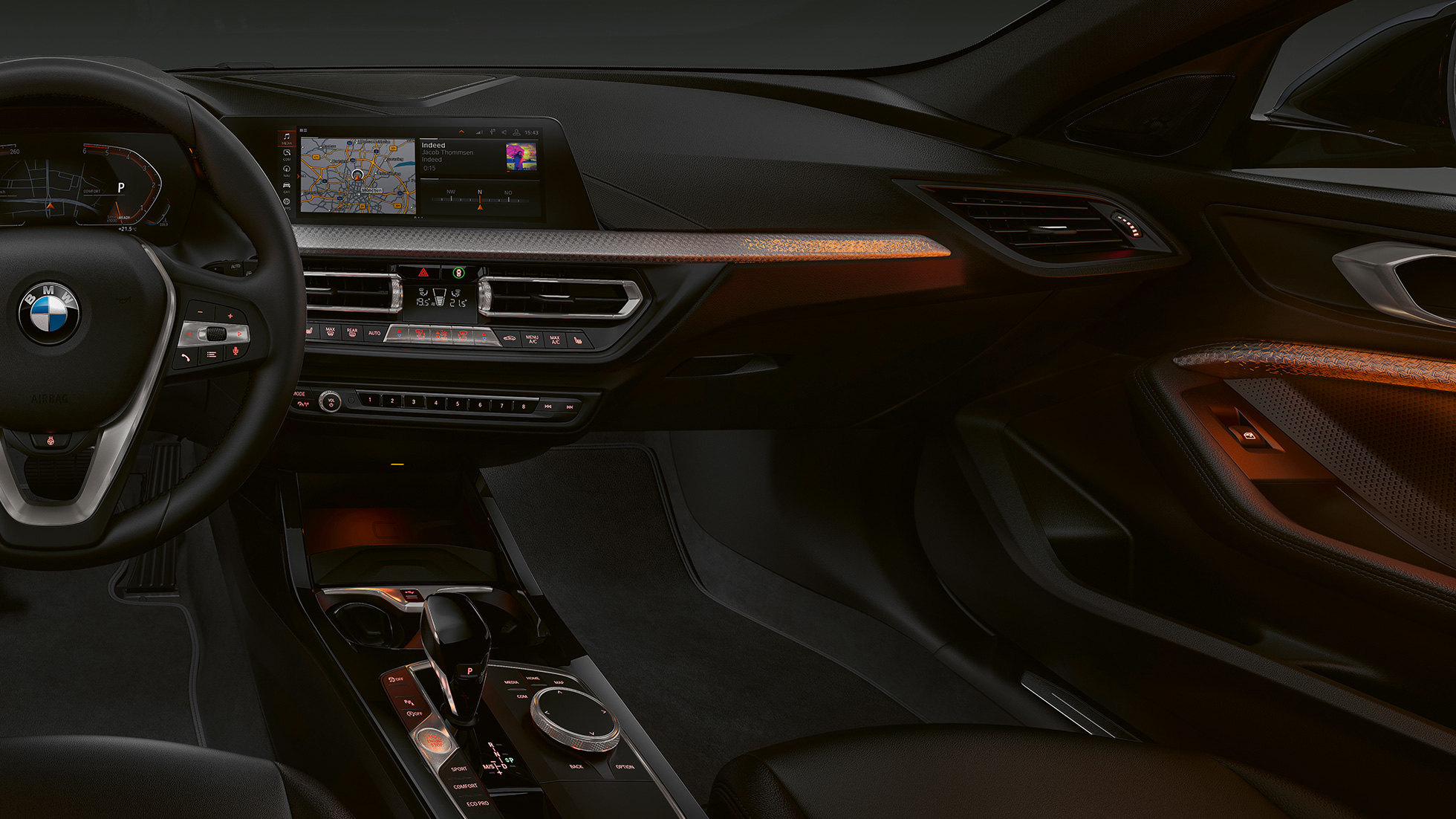Interieurlijsten ‘Illuminated Nizza’. BMW 1 Serie model Luxury Line, interieurlijsten 'Illuminated Nizza'.