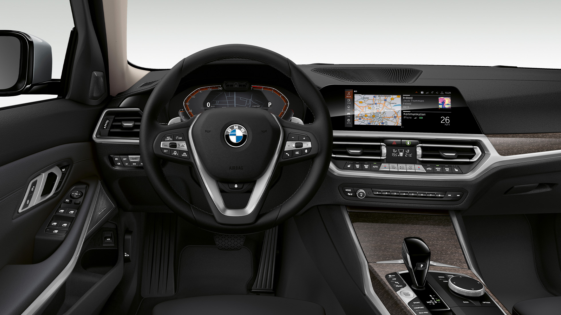 BMW 3 Serie Sedan, cockpit Model Luxury Line Close-up van de voorzijde van de cockpit aan bestuurderszijde van de BMW 3 Serie Sedan met de uitrusting van Model Luxury Line