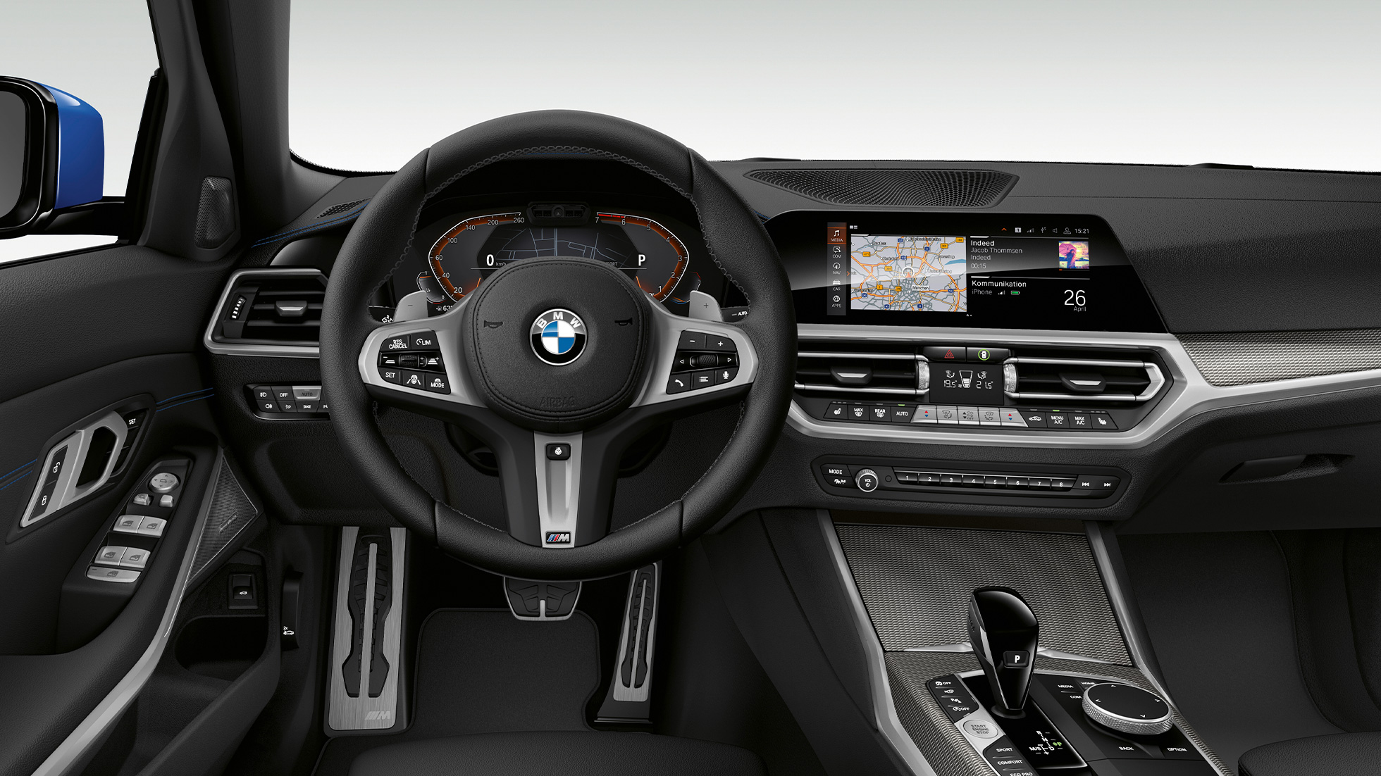 BMW 3 Serie Sedan, cockpit Model M Sport Close-up van de voorzijde van de cockpit aan bestuurderszijde van de BMW 3 Serie Sedan met de uitrusting van M Sport