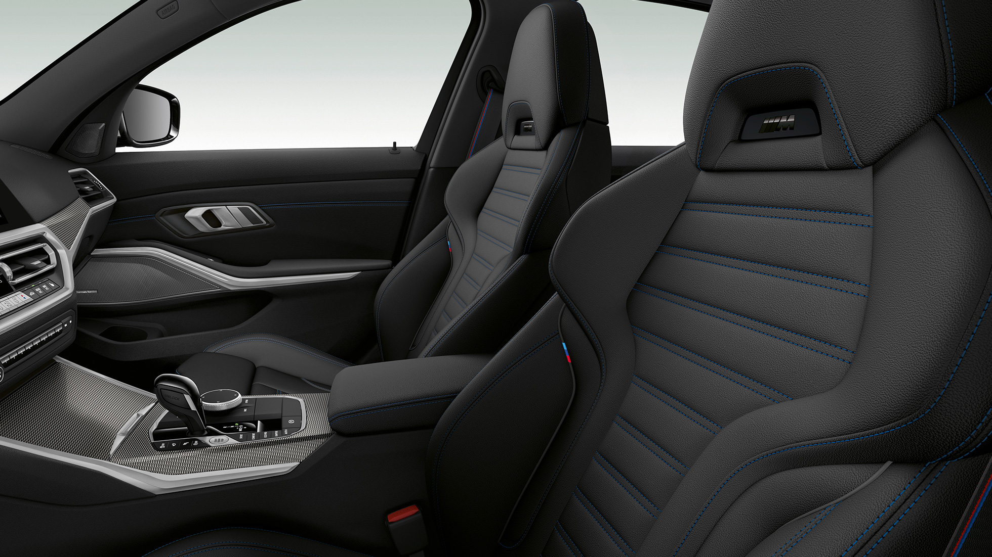 BMW 3 Serie Sedan, voorstoelen Model M Sport Close-up van de voorstoelen van de BMW 3 Serie Sedan met de uitrusting van Model M Sport