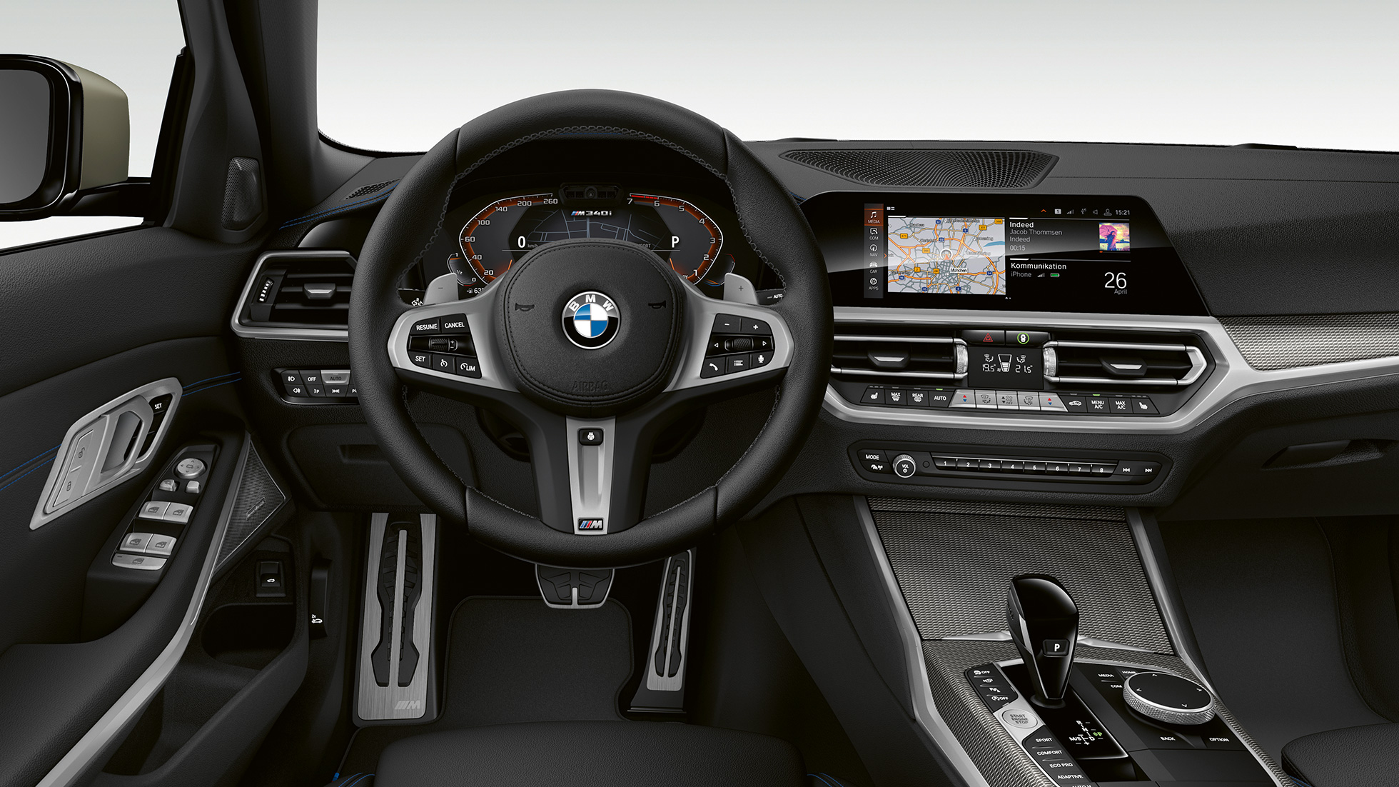 BMW 3 Serie Sedan, BMW M340i xDrive Zijaanzicht van een stilstaande BMW 3 Serie Sedan als M340i xDrive.