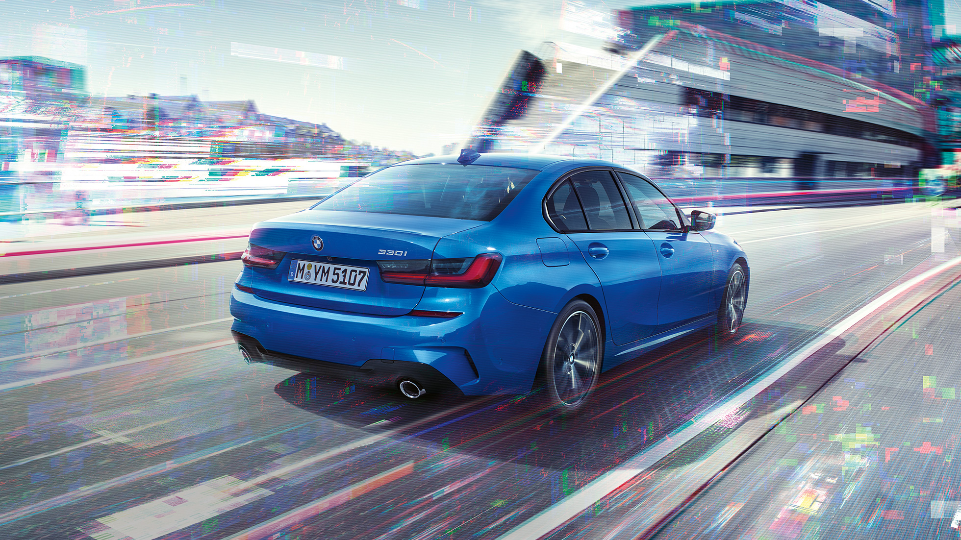 BMW 3 Serie Sedan, achteraanzicht van opzij Driekwart achteraanzicht van de BMW 3 Serie Sedan