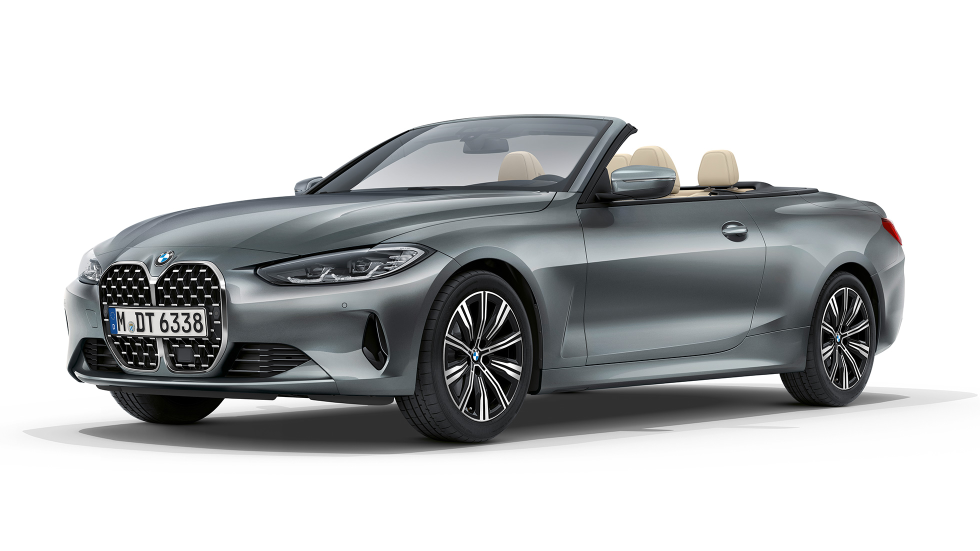 BMW 4 Serie Cabrio Standaarduitrusting G23 driekwart vooraanzicht BMW 4 Serie Cabrio G23 220d standaarduitvoering Bluestone metallic driekwart vooraanzicht