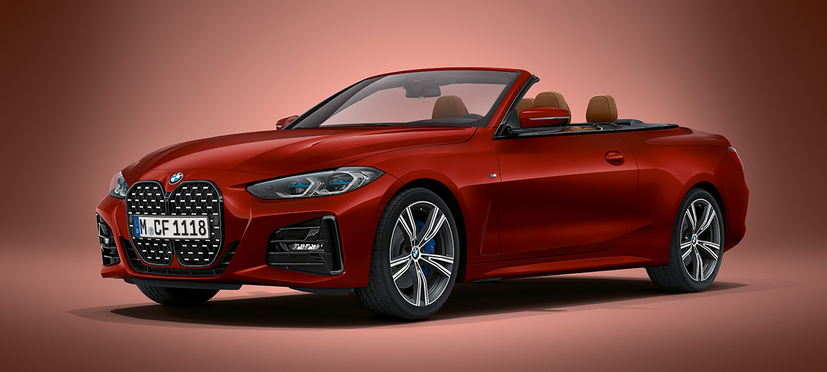 BMW Individual Aventurinrot metallic BMW 4 Serie Cabrio G23 BMW 4 Serie Cabrio G23 BMW Individual Aventurinrot metallic driekwart vooraanzicht stilstaand