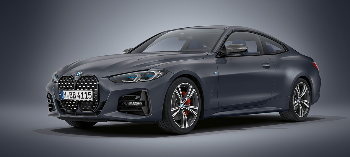 BMW Individual Frozen Deep Grey metallic BMW 4 Serie Coupé G22 BMW 4 Serie Coupé Individual Frozen Deep Grey metallic G22 driekwart vooraanzicht stilstaand