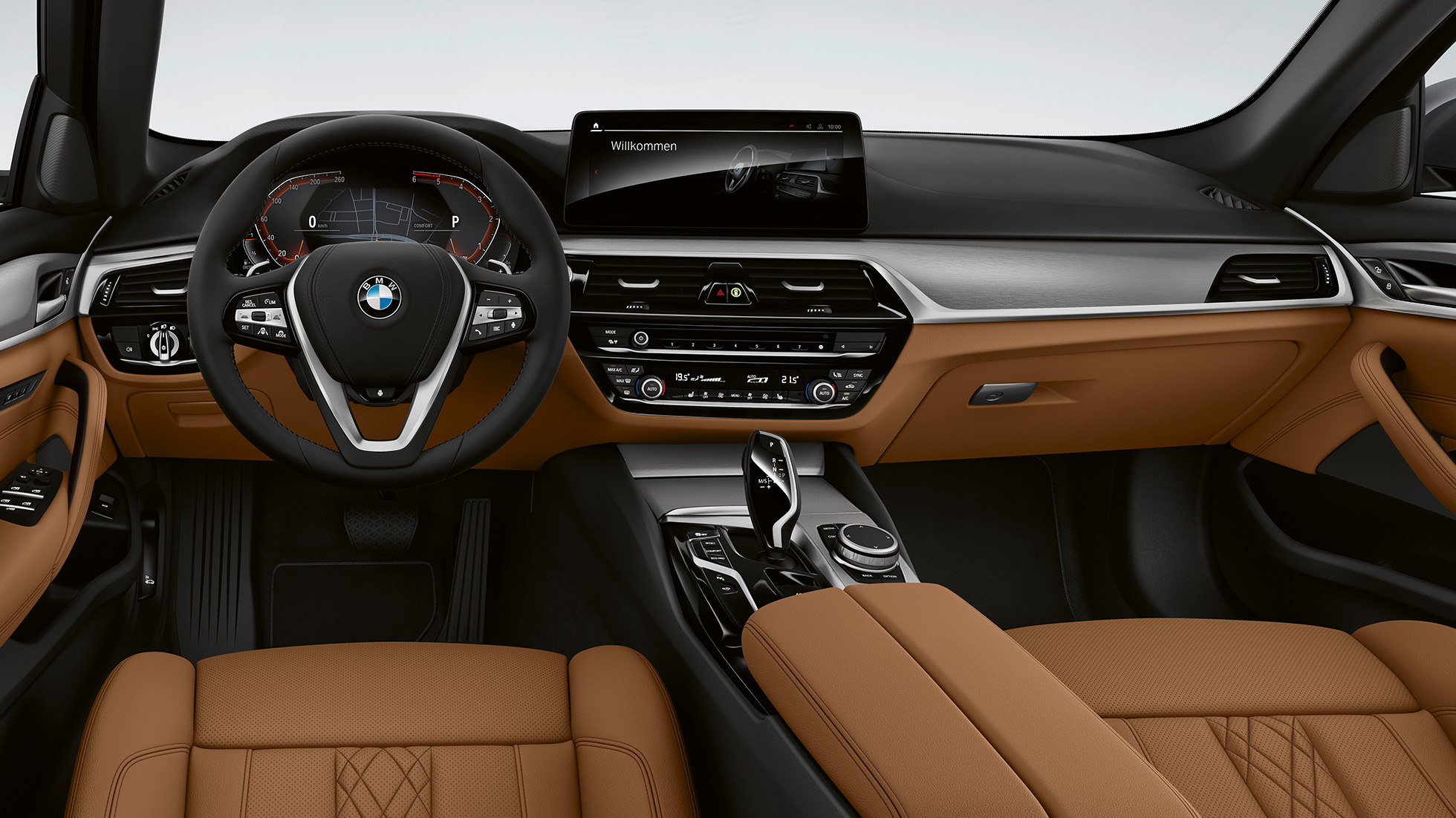 Cockpit BMW 5 Serie Sedan G30 Standaarduitvoering Cockpit BMW 5 Serie Sedan 540i G30 Standaarduitvoering interieur met bekleding in Sensatec Cognac