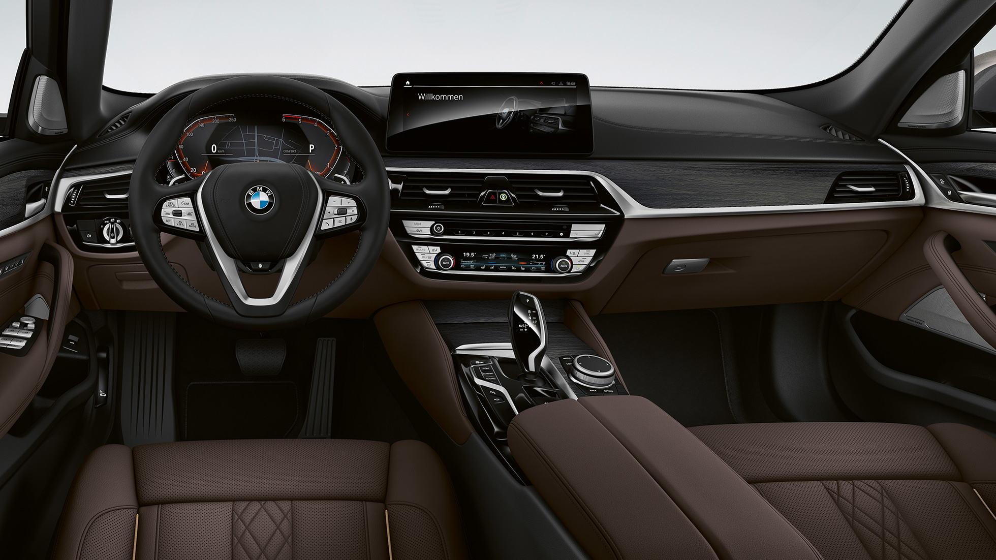Cockpit BMW 5 Serie Sedan G30 Luxury Line Cockpit BMW 5 Serie Sedan 520d xDrive G30 Luxury Line exclusieve lederuitrusting Nappa Mokka met exclusieve stiknaad met bies in contrastkleur interieur