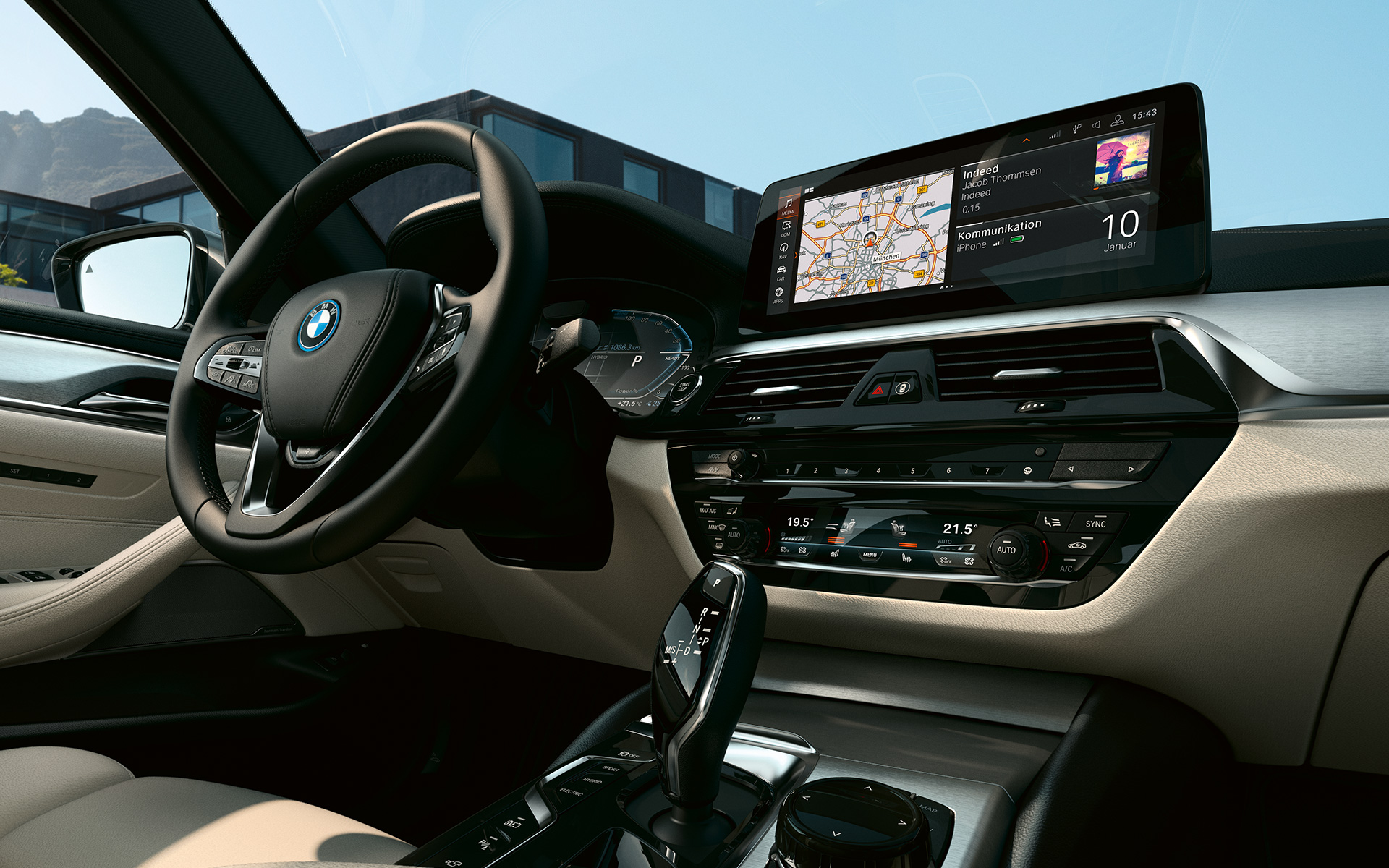 Cockpit BMW 5 Serie Touring G31 LCI LCFI 4K9 Cockpit BMW 5 Serie Touring G31 facelift interieur leder Dakota Elfenbeinweiß met exclusieve stiknaad/bies in contrastkleur Schwarz, interieurlijsten Aluminium Feinschliff met accentlijst Perlglanz chroom
