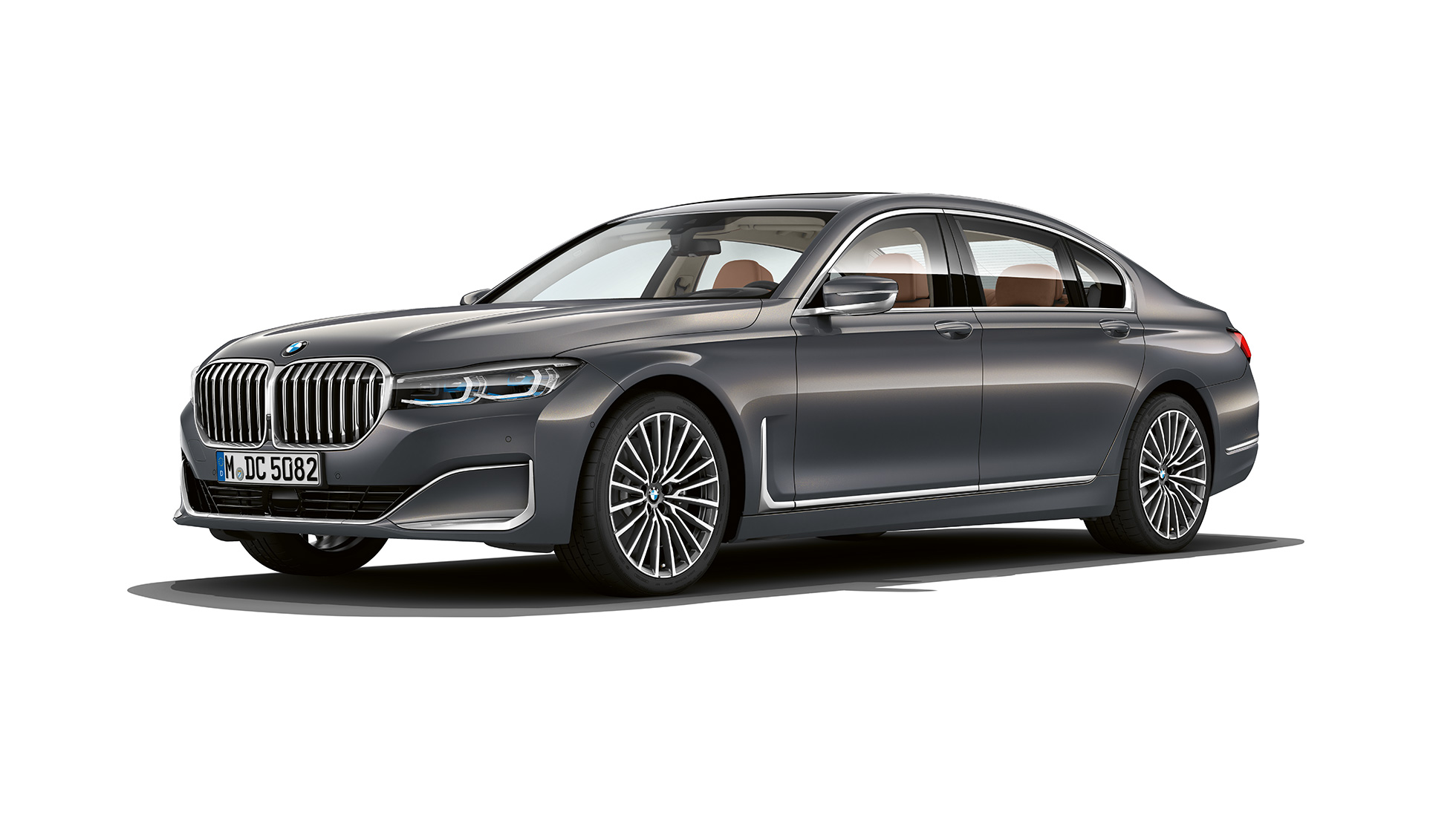 BMW 7 Serie Sedan met exterieurdesign Pure Excellence, driekwart vooraanzicht Grijze BMW 7 Serie Sedan met exterieurdesign Pure Excellence in driekwart vooraanzicht