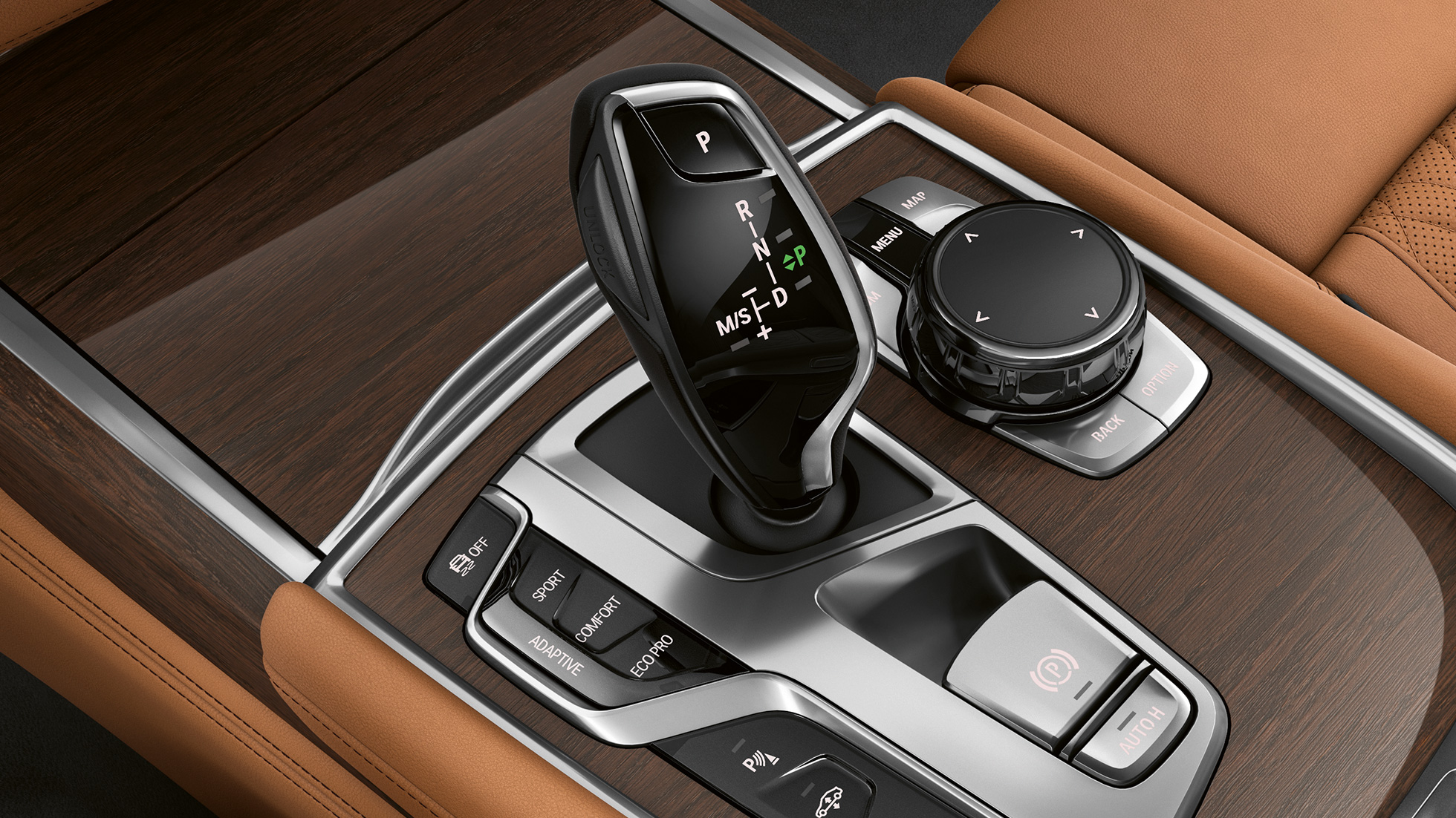 BMW 7 Serie Sedan met exterieurdesign Pure Excellence, transmissiehendel BMW 7 Serie Sedan met exterieurdesign Pure Excellence: close-up van transmissiehendel