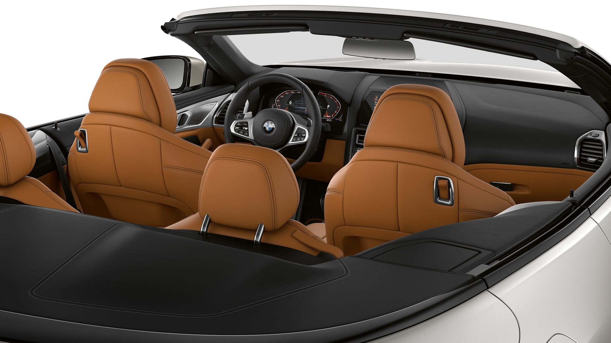 BMW M850i xDrive, interieur met geopende softtop. BMW M850i xDrive, interieur met geopende softtop.