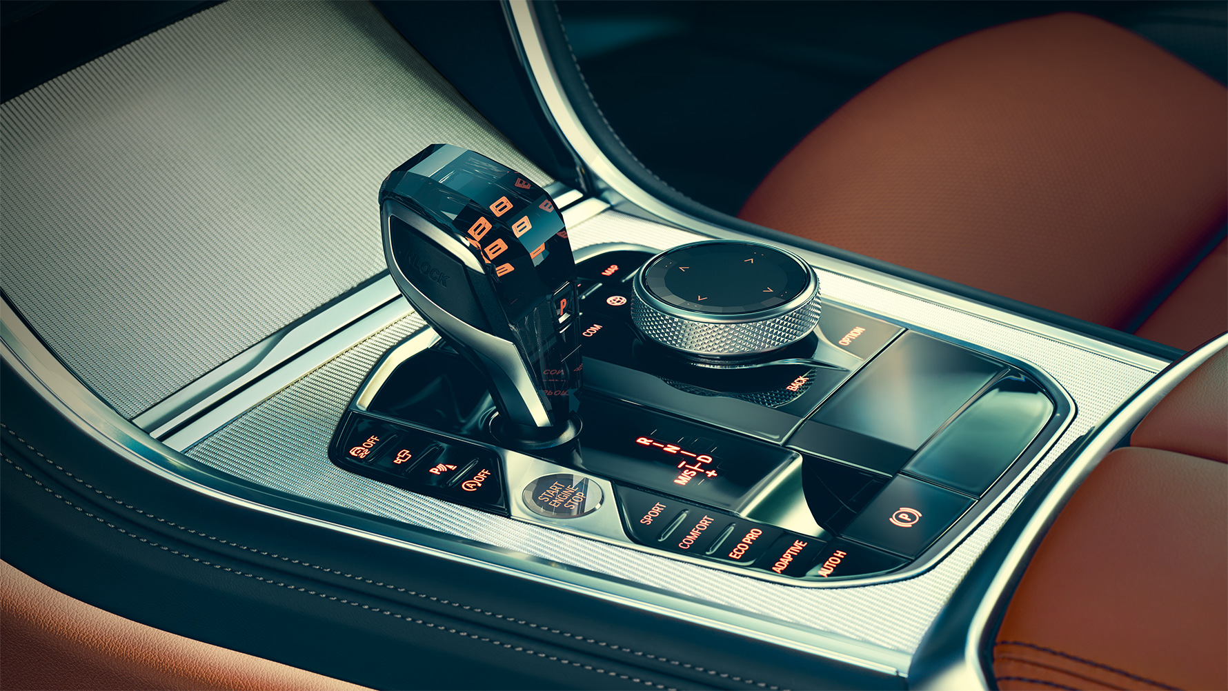 BMW 8 Serie Coupé glasapplicaties Close-up van glasapplicaties in het interieur van de BMW 8 Serie Coupé.