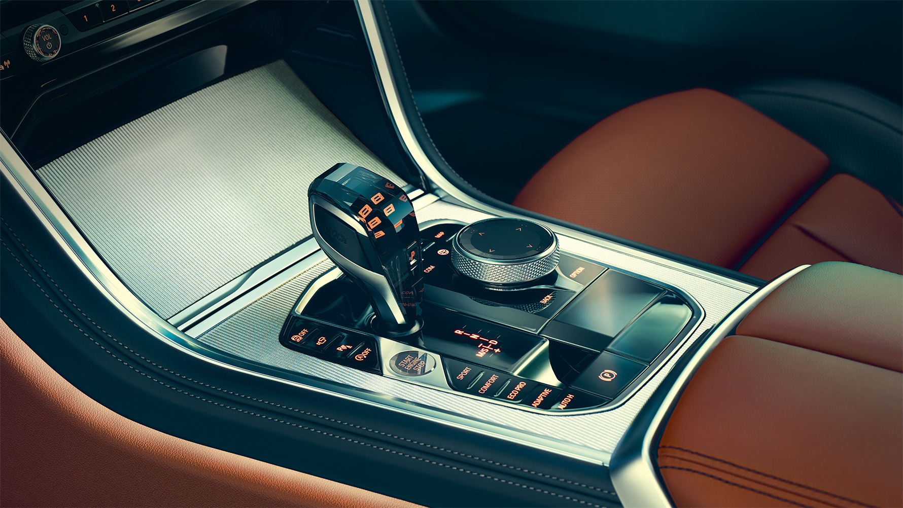 BMW 8 Serie Coupé, middenconsole Close-up van het BMW 8 Serie Coupé interieur met focus op de middenconsole.