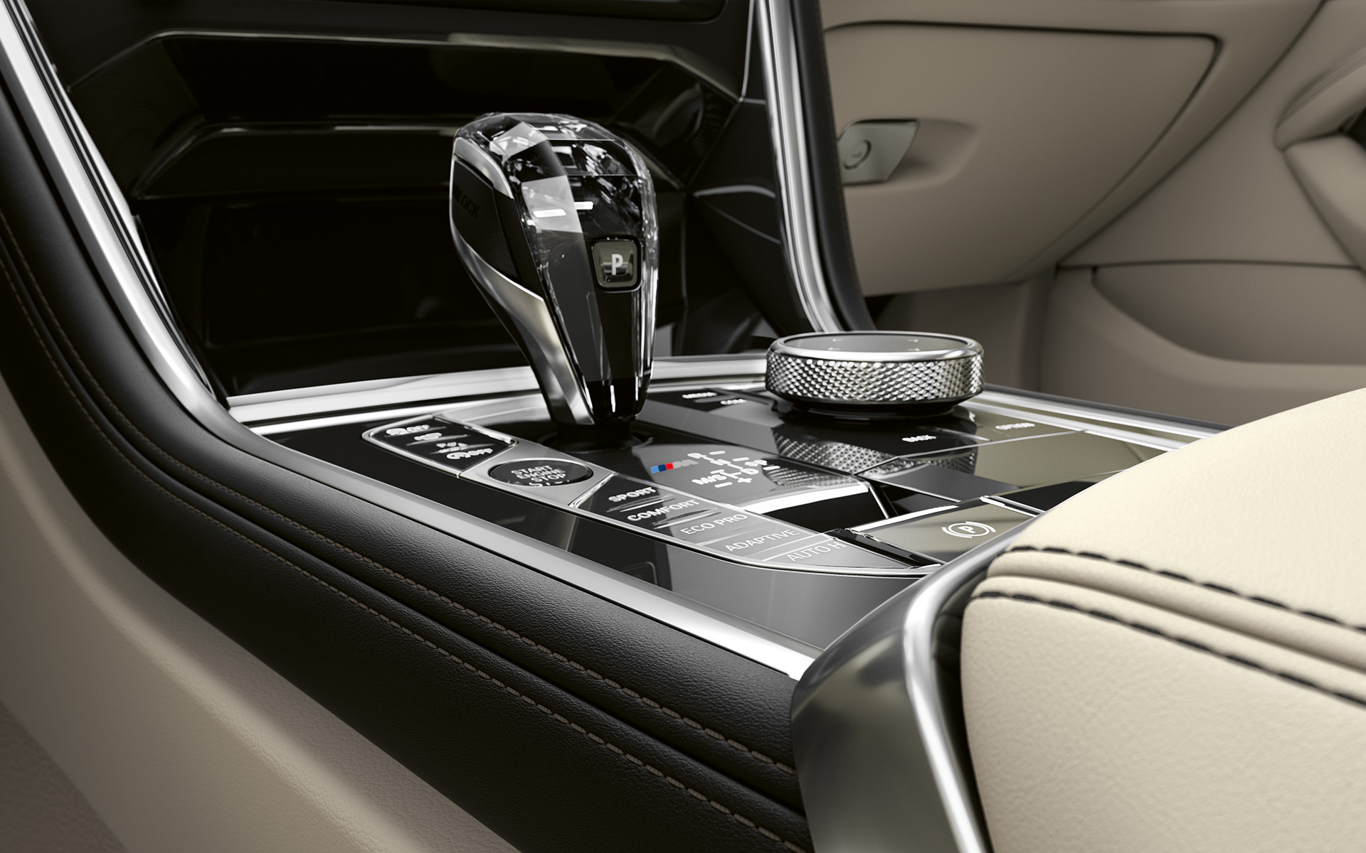 BMW 8 Serie Coupé, middenconsole Close-up van de middenconsole van de BMW 8 Serie Coupé.