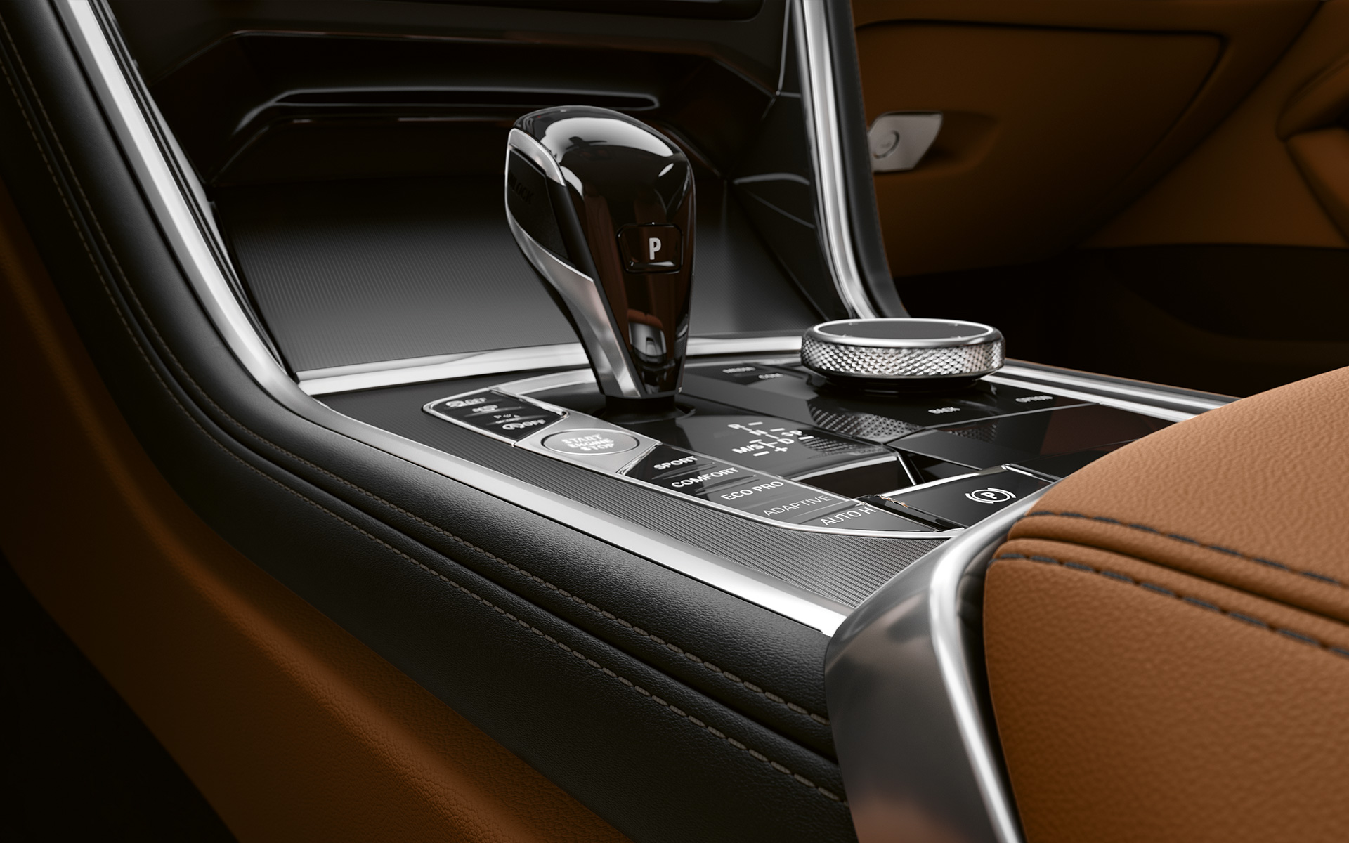 BMW 8 Serie Coupé, middenconsole Close-up van de middenconsole van de BMW 8 Serie Coupé.