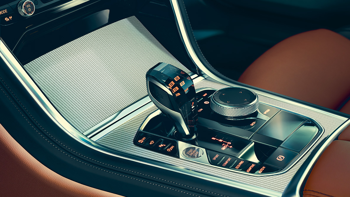 BMW 8 Serie Coupé, glasapplicaties Close-up van de BMW 8 Serie Coupé, glasapplicaties in het interieur
