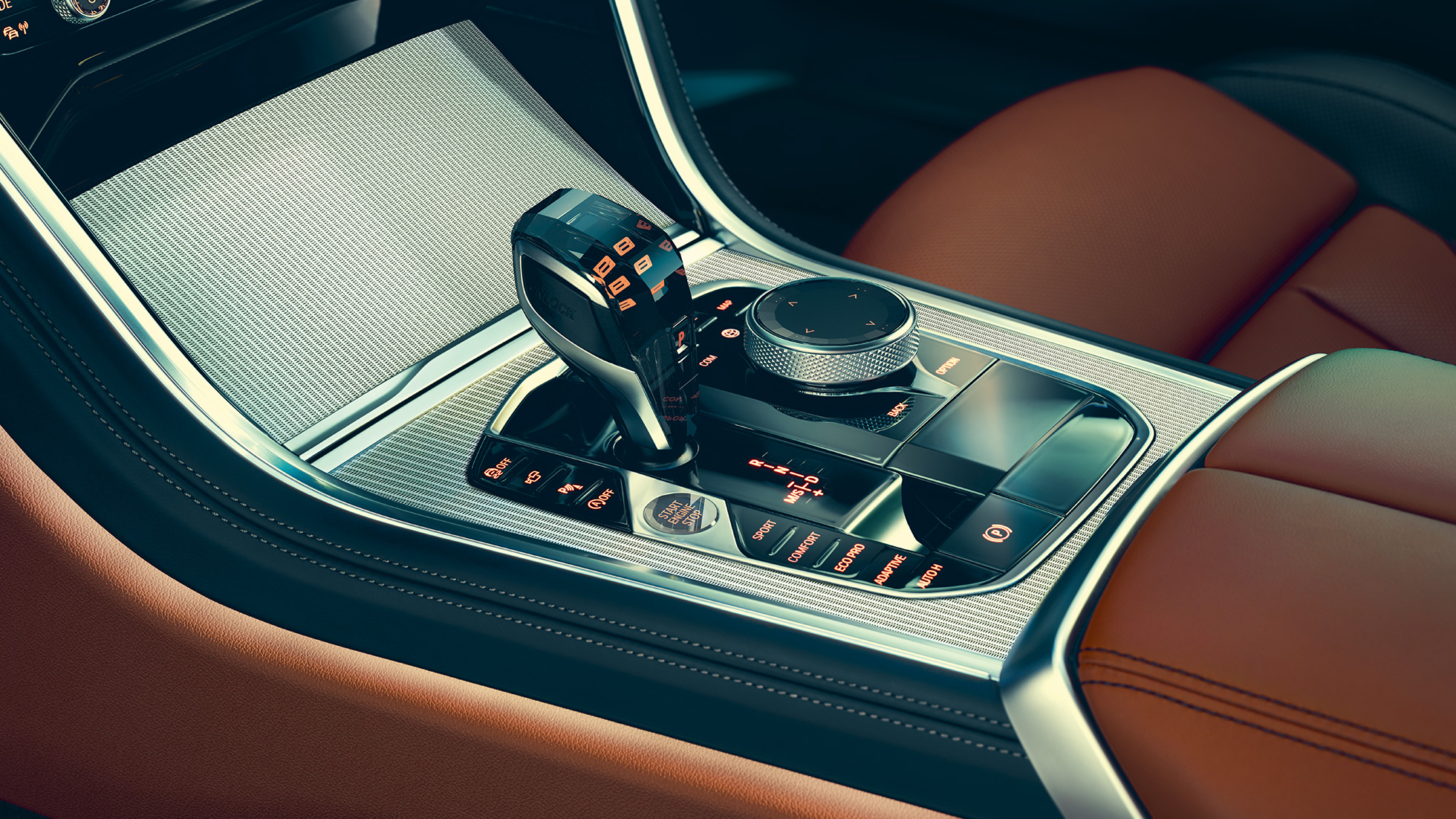 BMW 8 Serie Coupé, interieur BMW 8 Serie Coupé, interieur, close-up van transmissiehendel