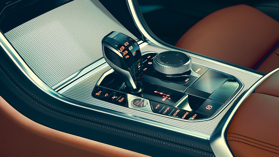 BMW 8 Serie Coupé, middenconsole Close-up van het BMW 8 Serie Coupé interieur met focus op middenconsole