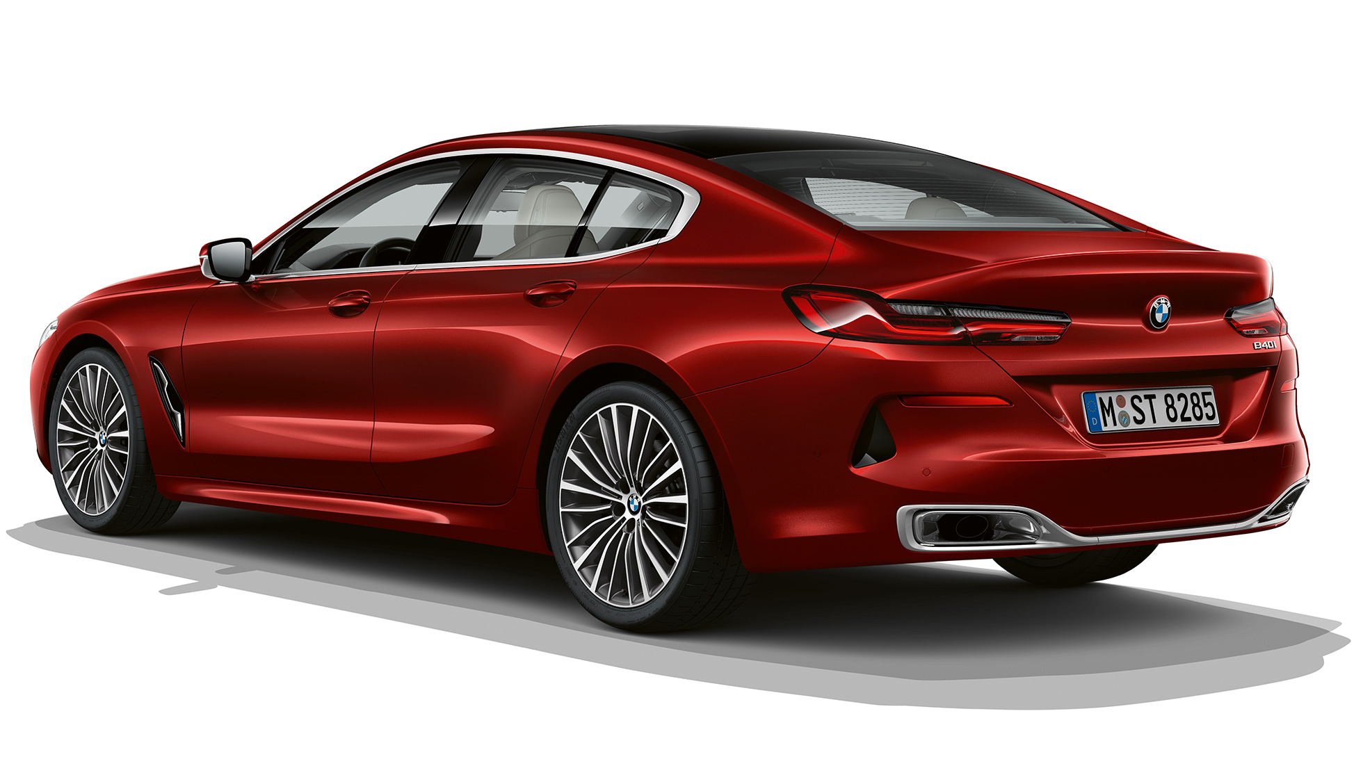 Standaarduitvoering, driekwart achteraanzicht G16 BMW 8 Serie Gran Coupé, standaarduitvoering driekwart achteraanzicht G16