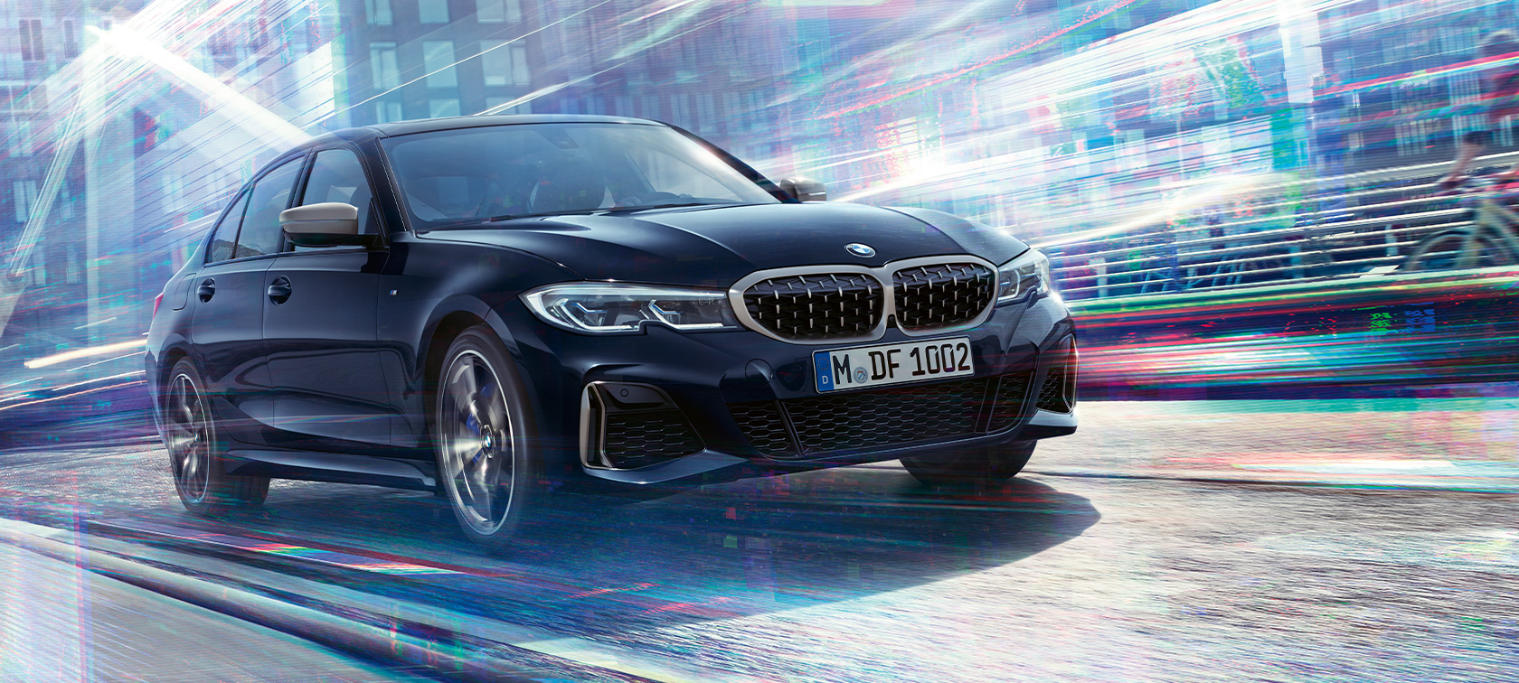 Design rijdynamiek BMW M340i xDrive Sedan Design rijdynamiek BMW M340i xDrive Sedan G20 Saphir Schwarz metallic driekwart vooraanzicht