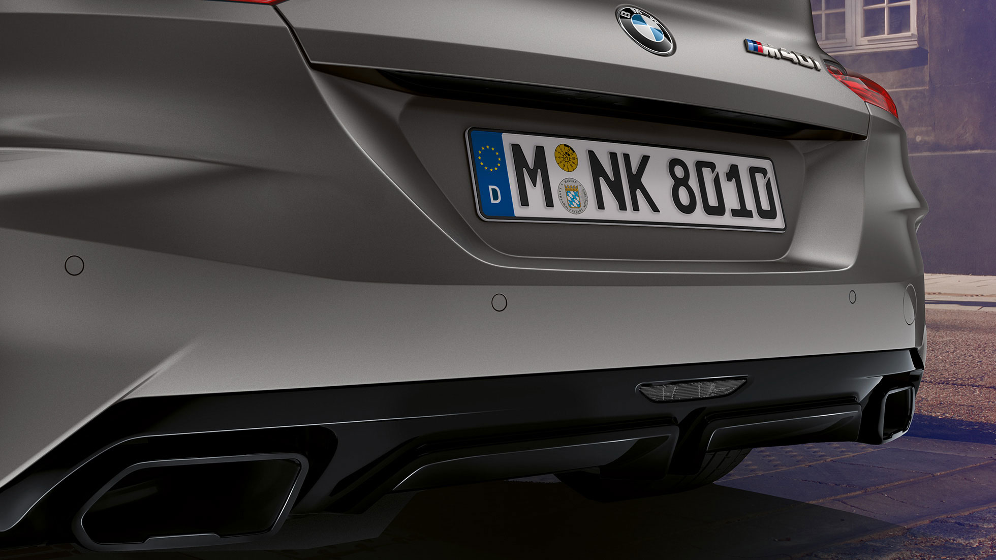 Uitlaateindpijpen BMW Z4 M40i Uitlaateindpijpen BMW Z4 Roadster M40i G29 2019 BMW Individual Frozen Grey metallic close-up