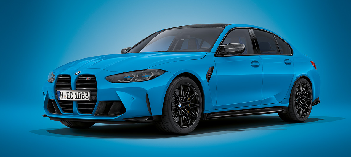 BMW Individual Oxidgrau metallic BMW M3 Sedan G80 BMW M3 Sedan BMW Individual Oxidgrau metallic G80 driekwart vooraanzicht stilstaand