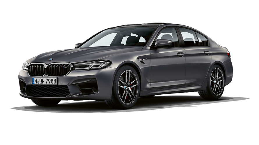 BMW M5 F90 LCI Brands Hatch Grau metallic driekwart vooraanzicht