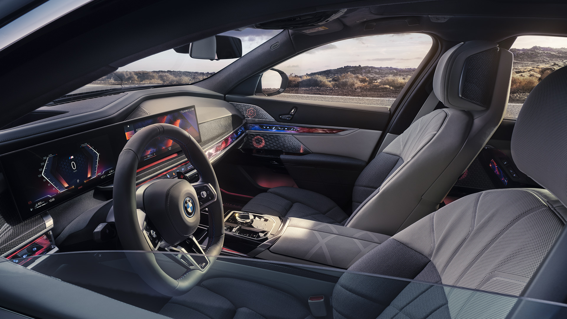 My Mode Sport BMW M760e xDrive Sedan G70 interieur vanaf buiten gezien door halfopen ruit bestuurderszijde