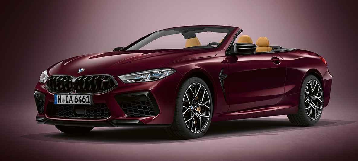 BMW Individual M8 Cabrio in BMW Individual Ametrine metallic. BMW Individual M8 Cabrio in BMW Individual Ametrine metallic, driekwart vooraanzicht.