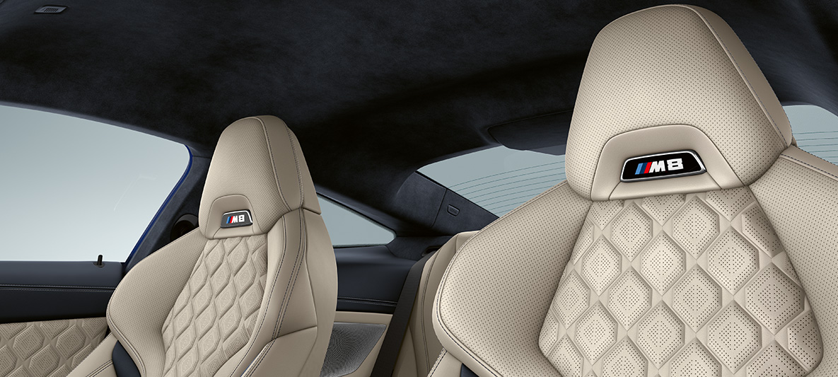 M Sportstoelen in volleder Merino | Silverstone met M8 badge. BMW Individual M8 Coupé, M Sportstoelen in volleder Merino | Silverstome met M8 badge.