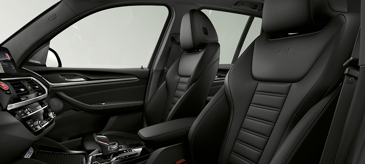 BMW X3 M, sportstoelen in ‘Vernasca‘ leder Schwarz. BMW X3 M, interieur, sportstoelen in ‘Vernasca‘ leder Schwarz.