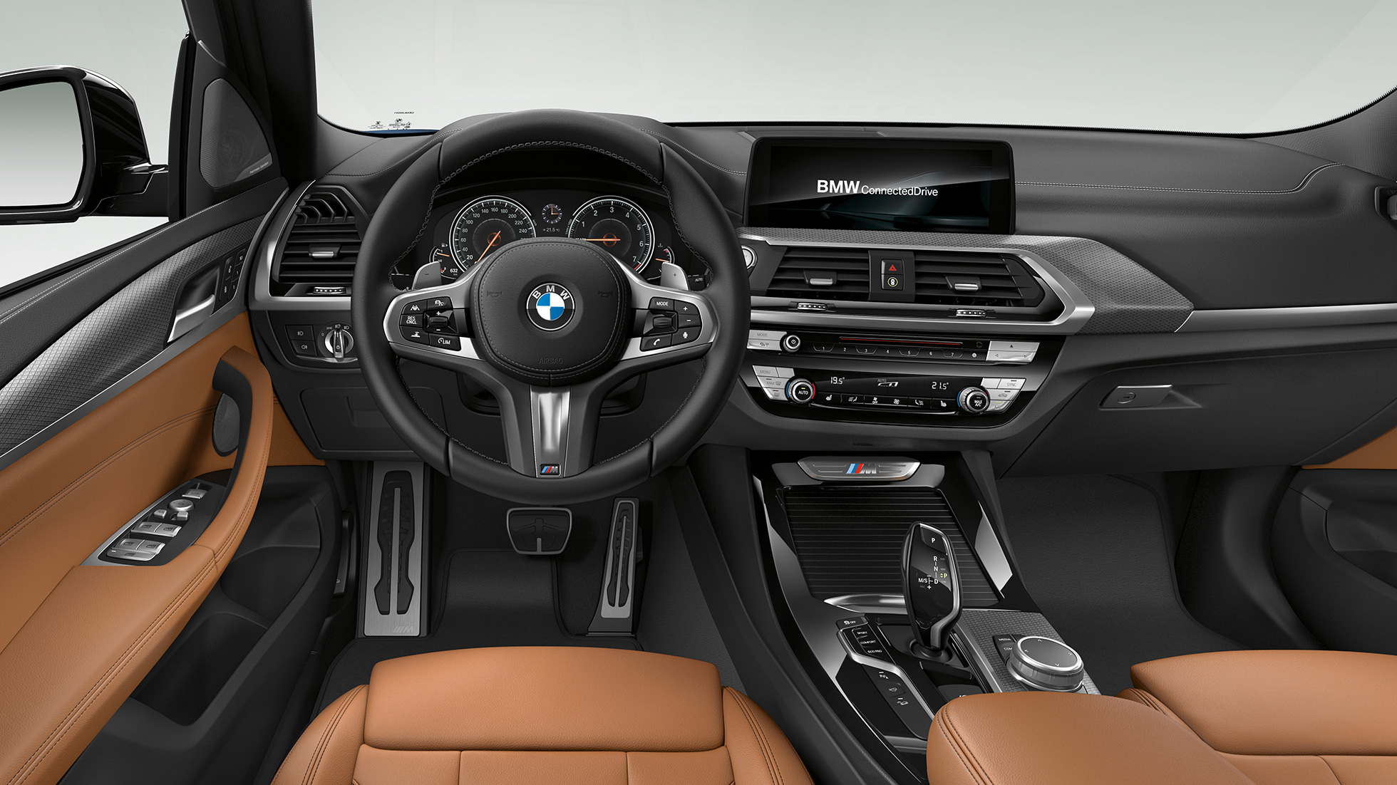 BMW X3 M40i en BMW X3 M40d, cockpit. BMW X3 M40i en BMW X3 M40d, interieur, cockpit met M stuurwiel met leder bekleed en M Sport stoelen.