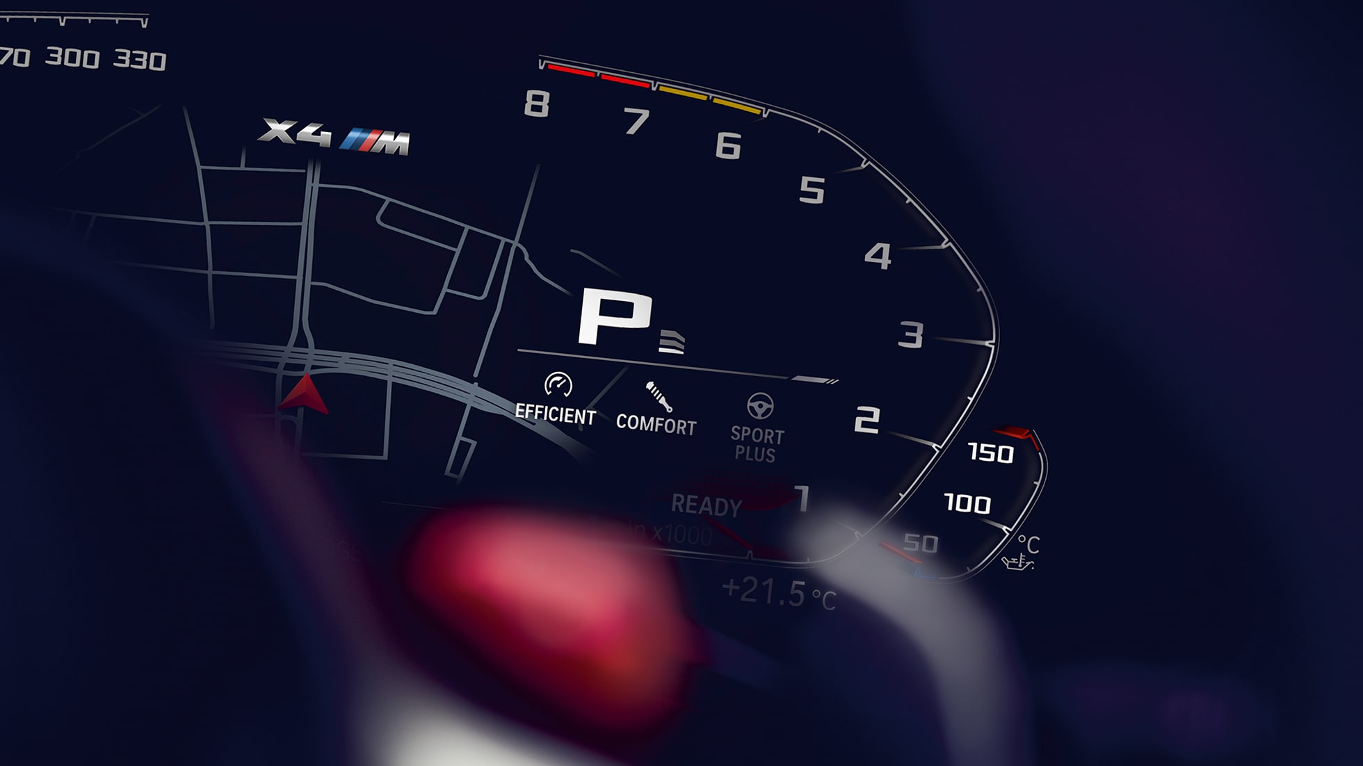 BMW X4 M Competition, toerenteller. BMW X4 M Competition, interieur, instrumentenpaneel met toerenteller.