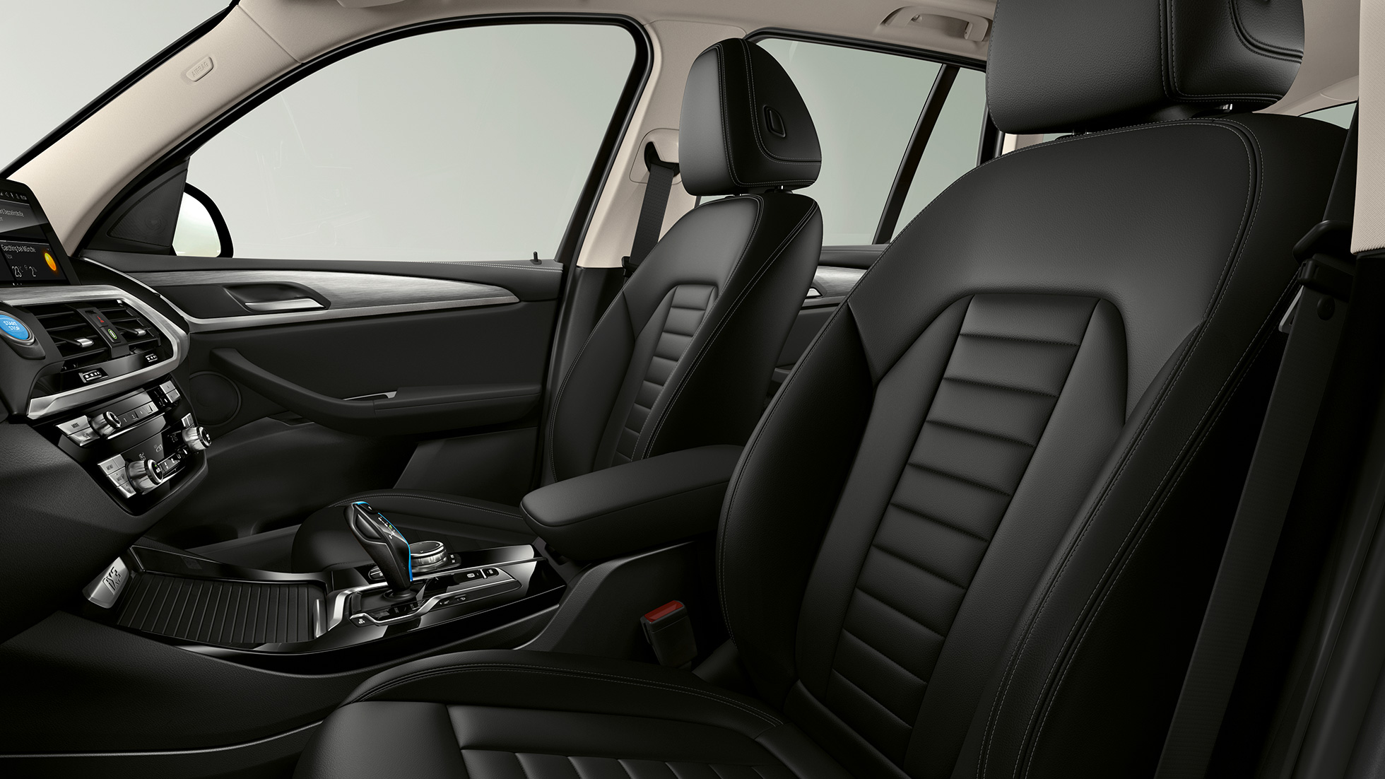 BMW iX3 G08 Model ‘Inspiring’ sportstoel in leder Vernasca Mokka BMW iX3 G08 Model ‘Inspiring’ sportstoelen voor bestuurder en voorpassagier in leder Vernasca Mokka interieur