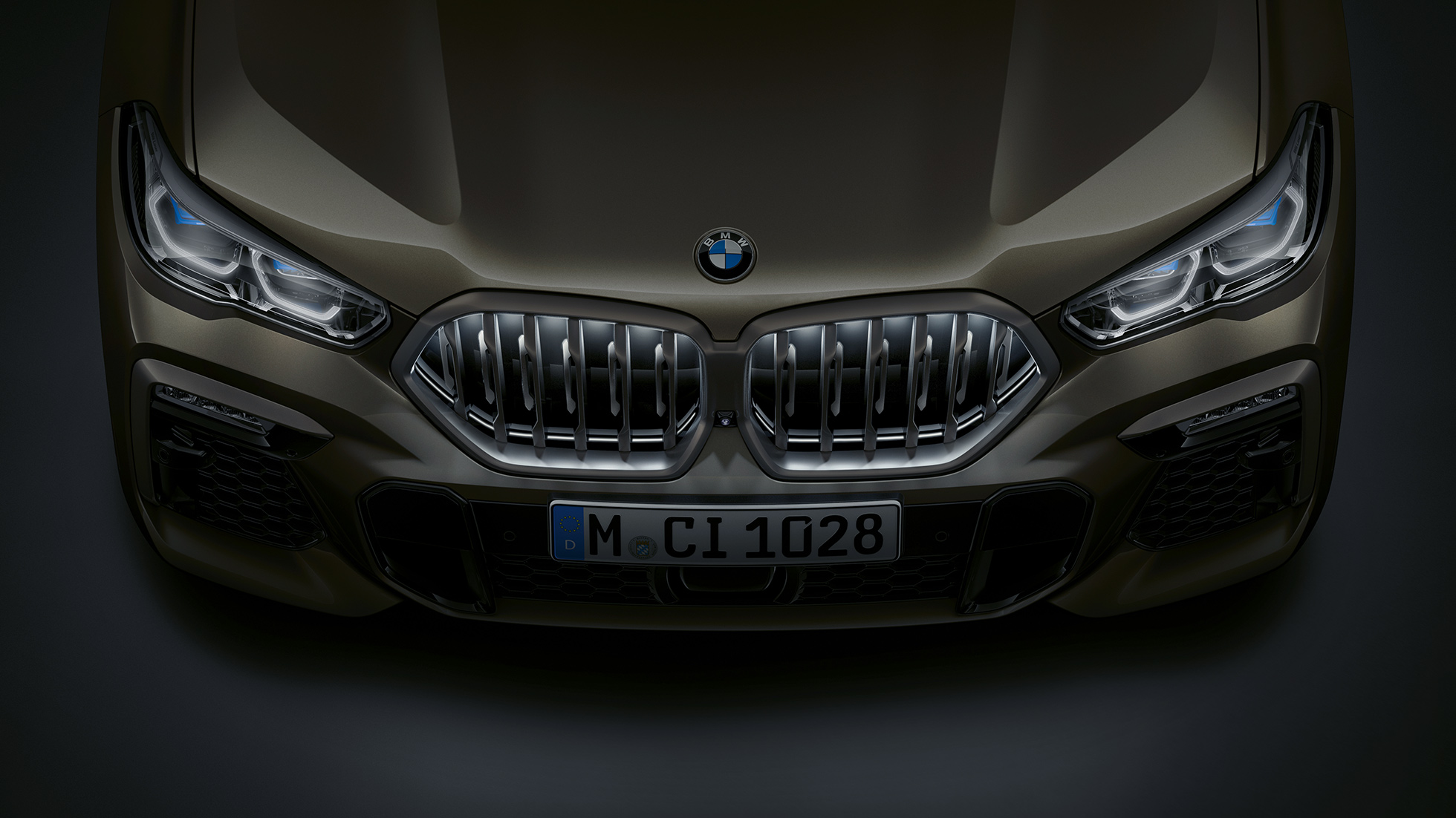 BMW X6 voorzijde Close-up van BMW X6 voorzijde met BMW nierengrille ‘Iconic Glow’ bovenaanzicht