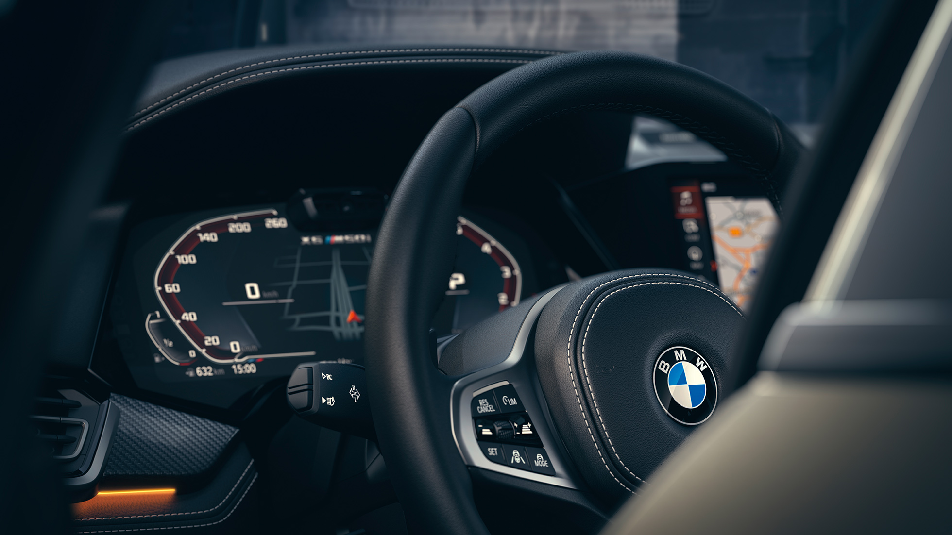 BMW assistentiesystemen Close-up van het BMW interieur met focus op instrumentenpaneel