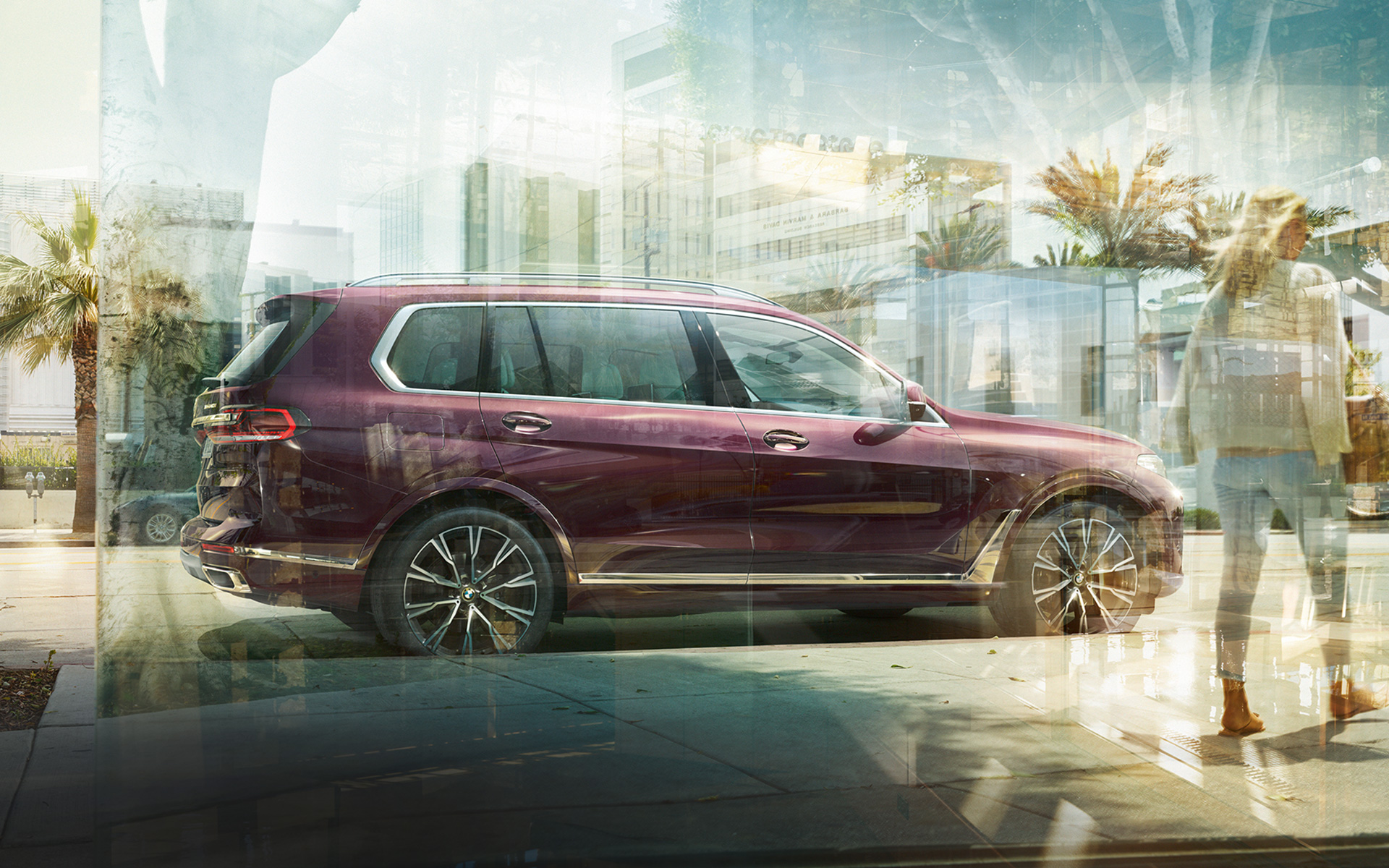 BMW X7 SUV Individual xDrive40i G07 Ametrin metallic zijaanzicht parkeren BMW X7 SUV Individual xDrive40i G07 Ametrin metallic zijaanzicht parkeren