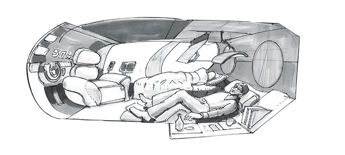 Auto-interieur van de toekomst Tekening van het interieur van een zelfstandig rijdende auto in de toekomst.