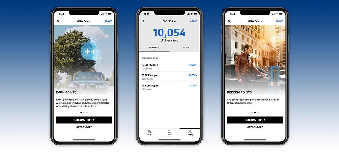 My BMW app elektrisch rijden en BMW Points sparen – scherm smartphone My BMW App elektrisch rijden en BMW Points sparen – scherm smartphone