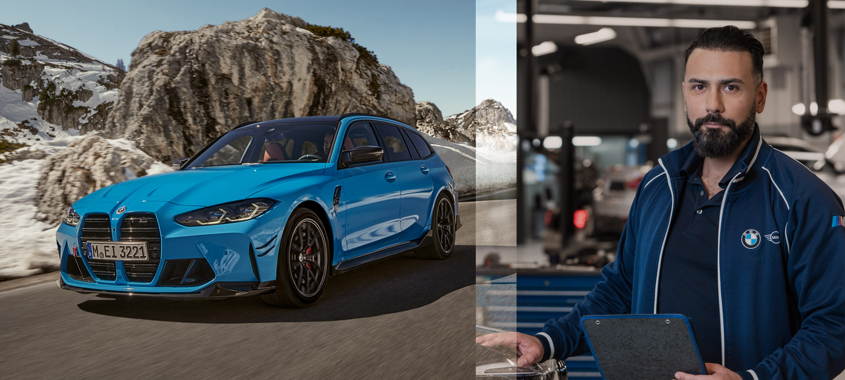 Originele BMW Accessoires en BMW Service voor herfst en winter BMW in sneeuwlandschap en werkplaats