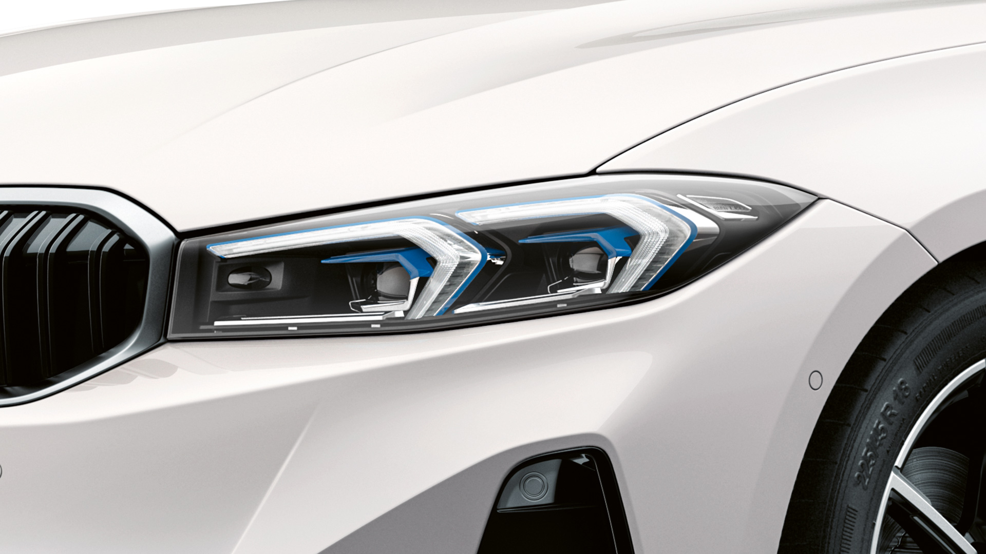 schadevisualizer exterieur BMW driekwart vooraanzicht koplamp close-up.