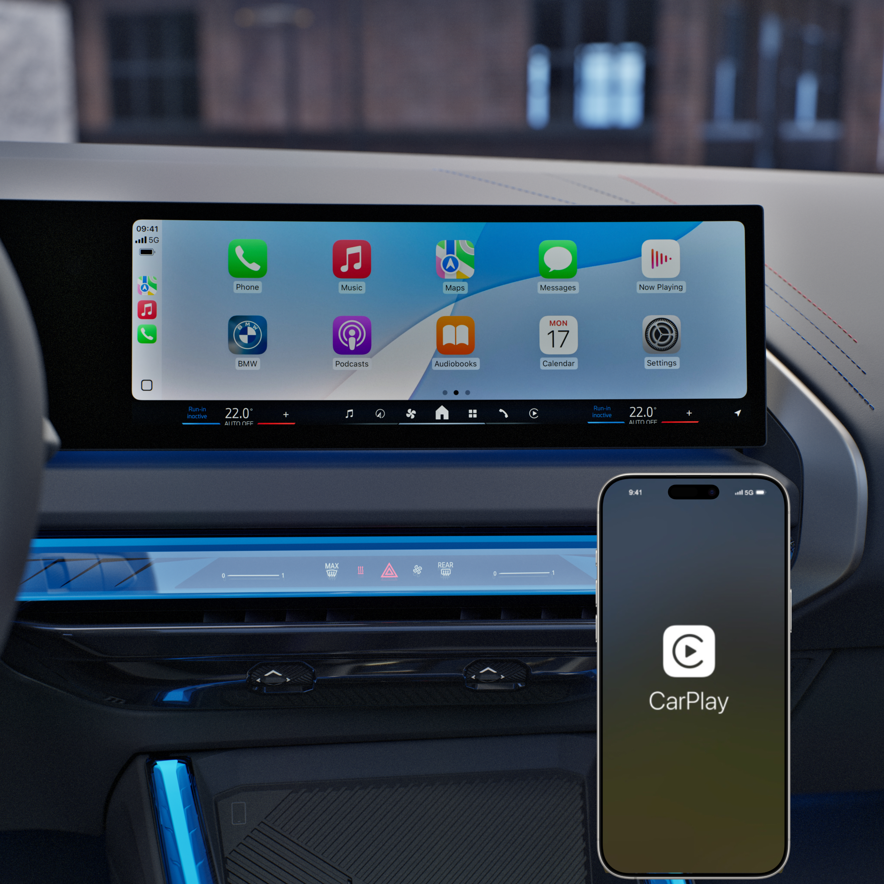 Smartphone-apps worden op het centrale display weergegeven