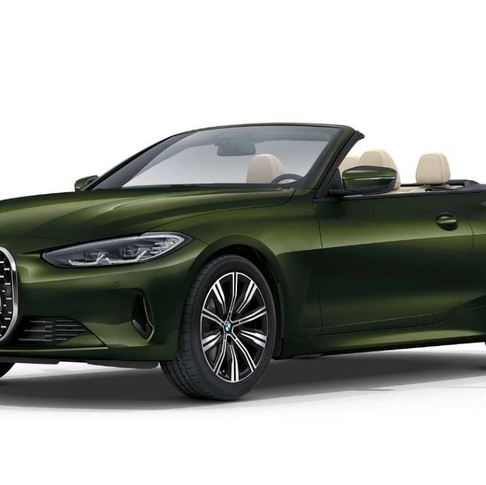 BMW 4 Serie Cabrio G23 220d standaarduitvoering Bluestone metallic driekwart vooraanzicht